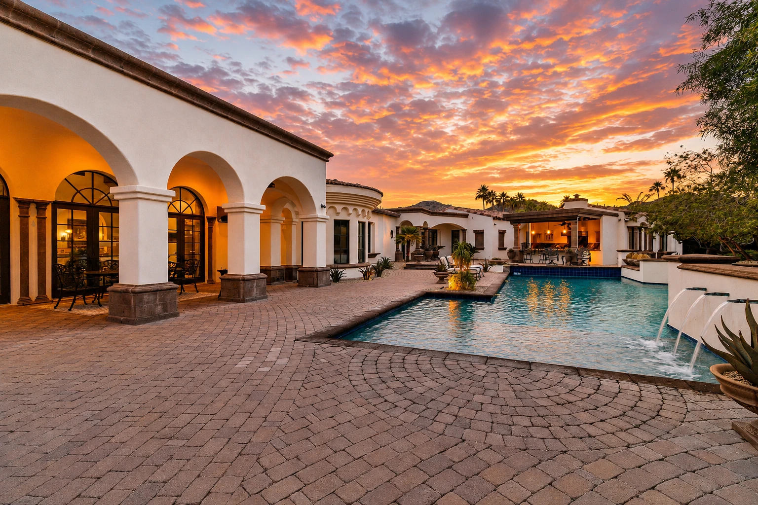 Paradise Valley estate pool courtyard at sunset