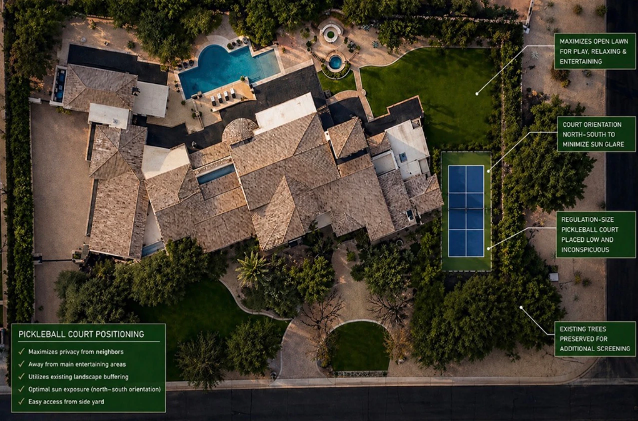 Planned pickleball court positioning on the estate grounds