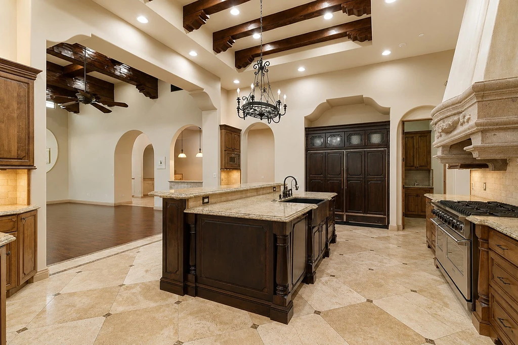 Chef kitchen with island, stone floors, and custom cabinetry