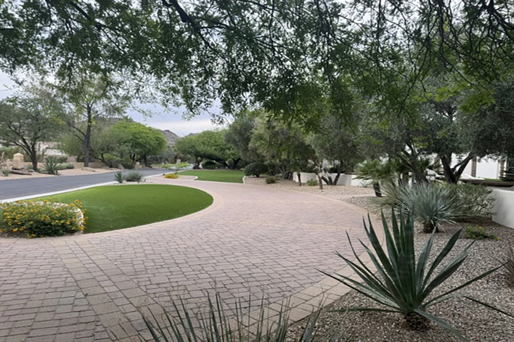 Estate driveway with desert landscaping and lawn